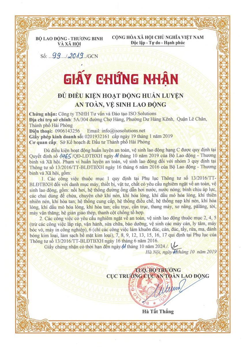 Chứng nhận đủ điều kiện hoạt động ATVSLĐ